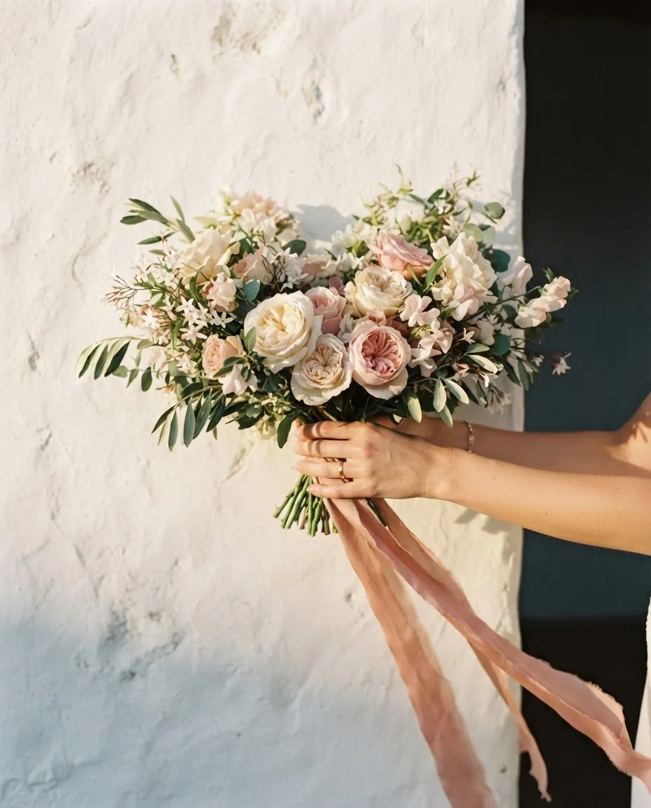 A loose bouquet of cream and blush garden roses, sweet peas, jasmine and olive held in two hands against a sunlit white wall