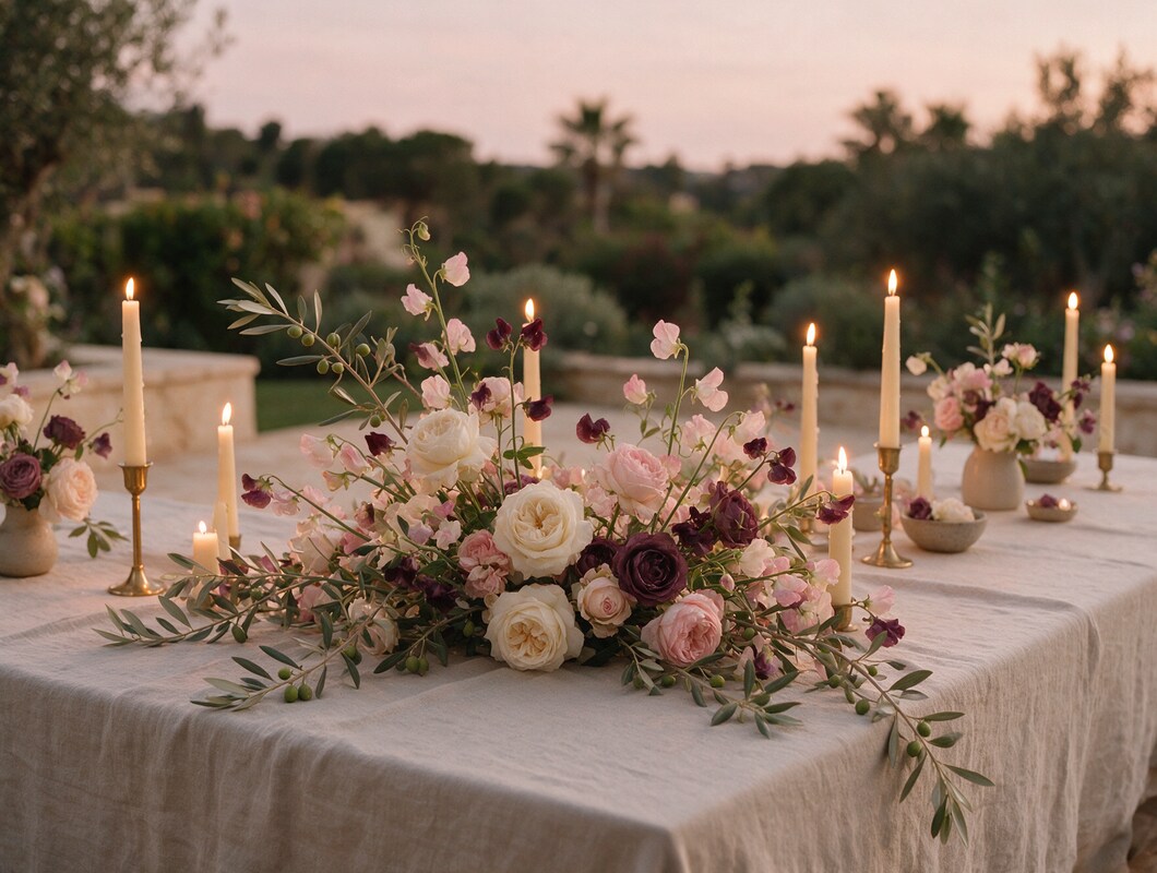 Seasonal table arrangement with garden roses and olive branches on a villa terrace at dusk