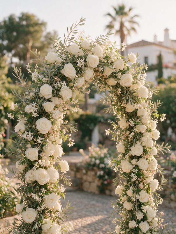 Wedding ceremony arch of white roses, jasmine and wild olive