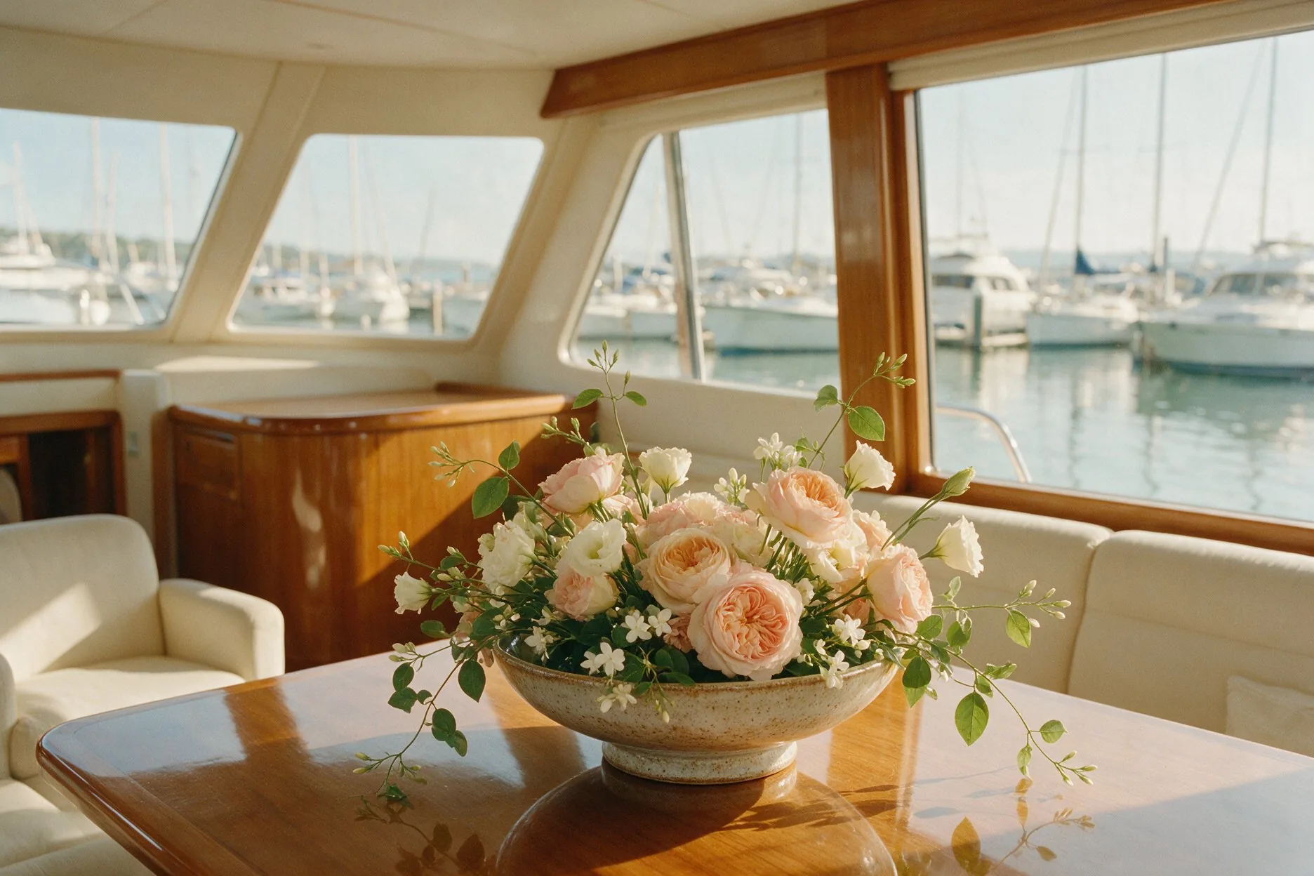 Compact bowl of garden roses, lisianthus and jasmine on a varnished teak table in a yacht saloon, marina light through the windows